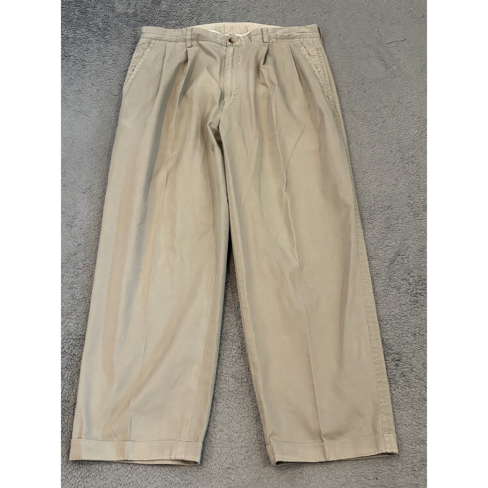 Nautica Mens 36x30 Pleated Chino Pants Khaki Tan Cotton Cuffed Wide Leg Trousers